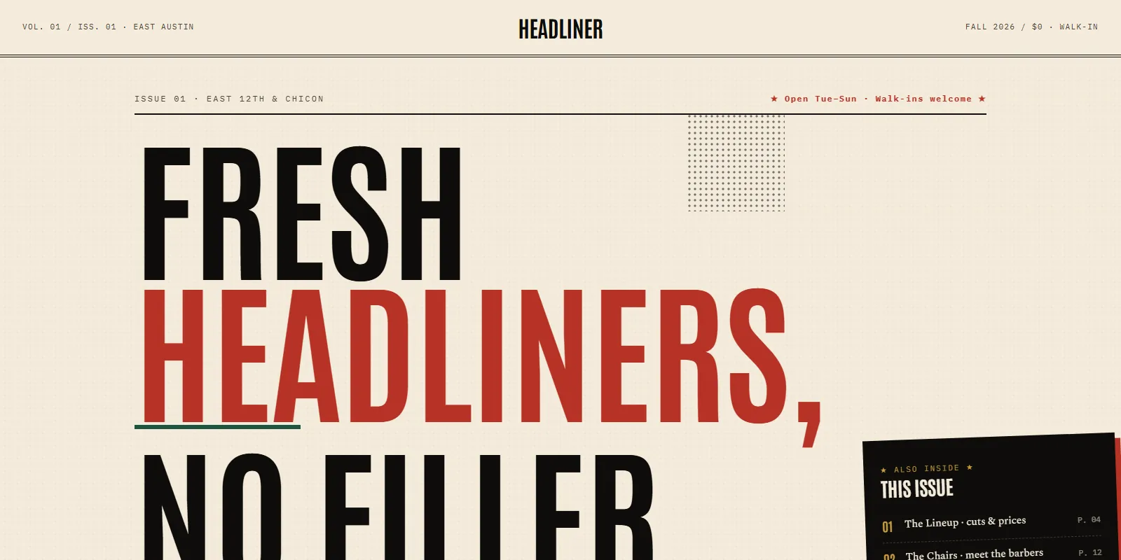 Headliner Barbers East Austin website